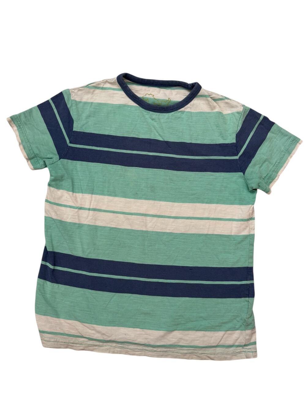 MINI BODEN Blue Green Stripe Tee Size 9-10 Kids Short Sleeve Cotton White Boys